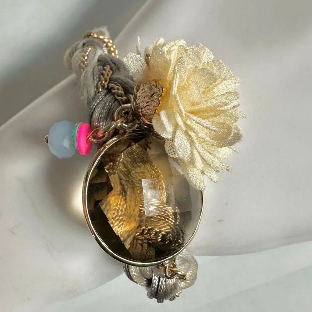 Laura Janelle Braided Fabric Bracelet with Flower & Stone Charms